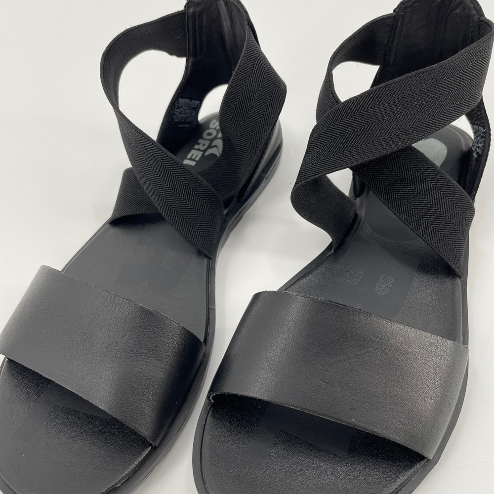 Sorel Ella II Ankle Strap Sandals‎ Black Leather Stretch Chevron Size 7.5 - Picture 9 of 9
